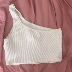 Babaton Cream Ribbed One-Shoulder Crop Top